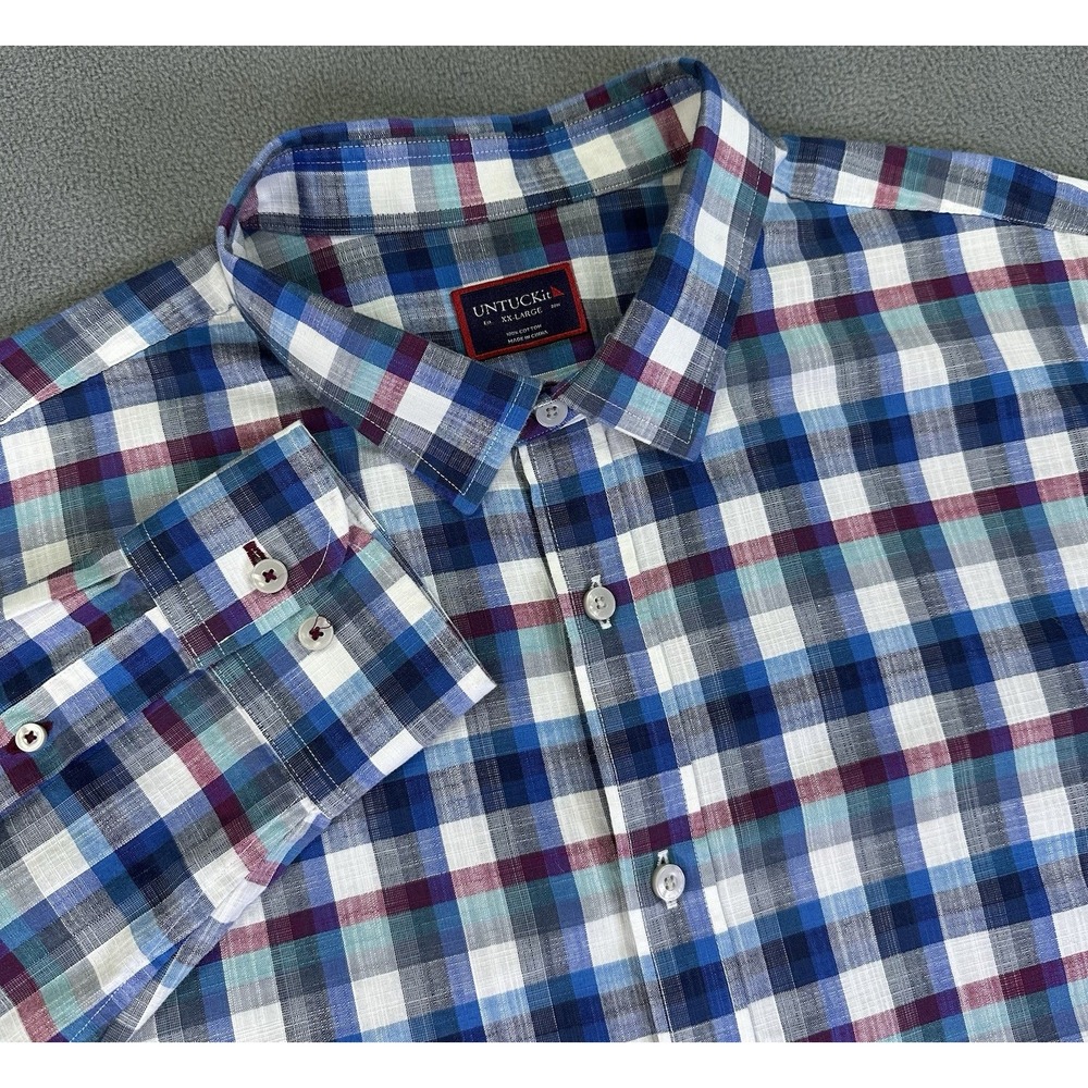 UNTUCKit Shirt Mens 2XL Blue Bertagan Colorful Plaid Chambray Office Prep